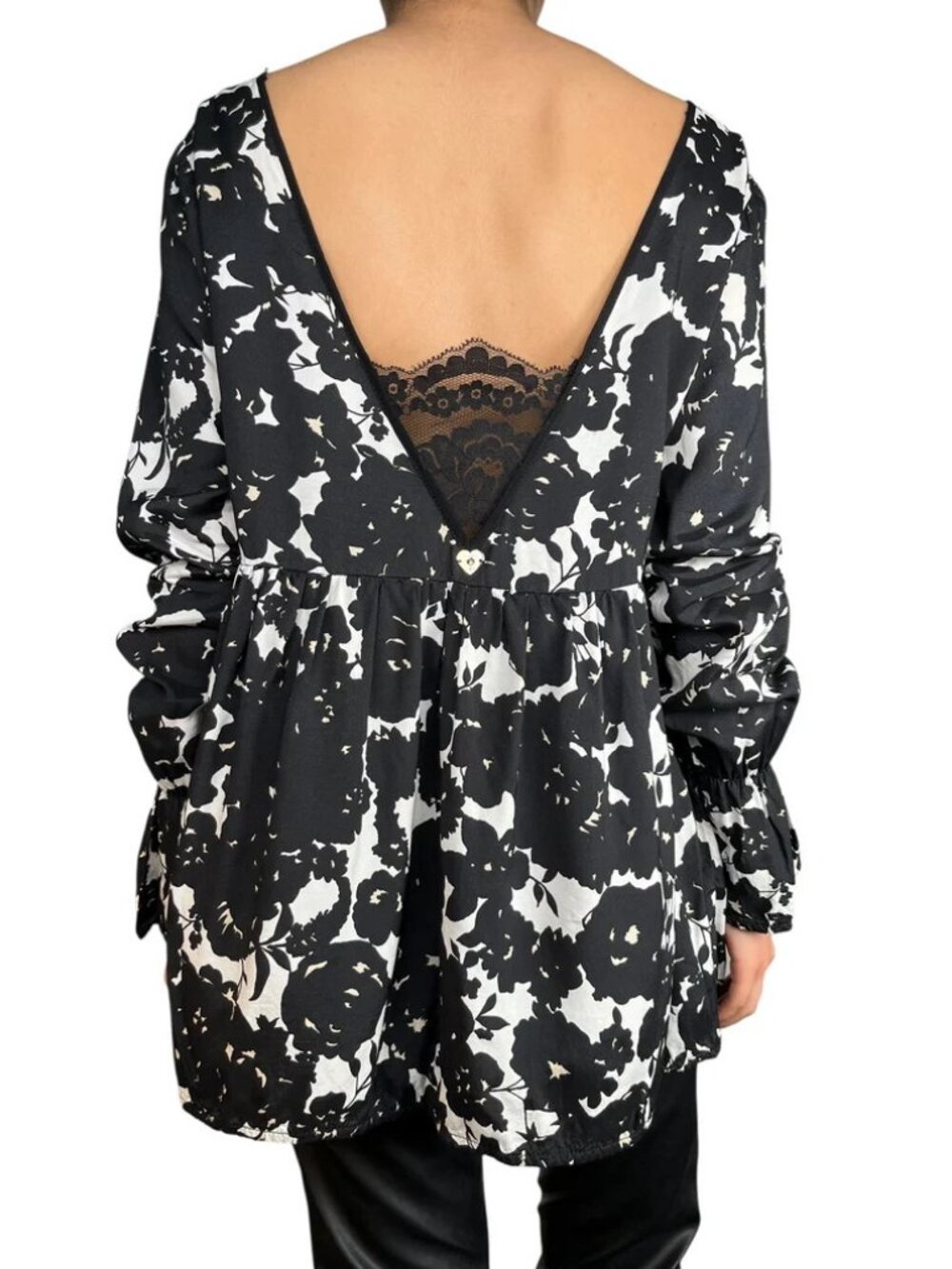 NWT Twinset Black & White Floral Gathered Waist Blouse - XS-S
